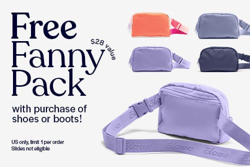 Promotional image for a free fanny pack with shoe or boot purchase, featuring a purple fanny pack and text.