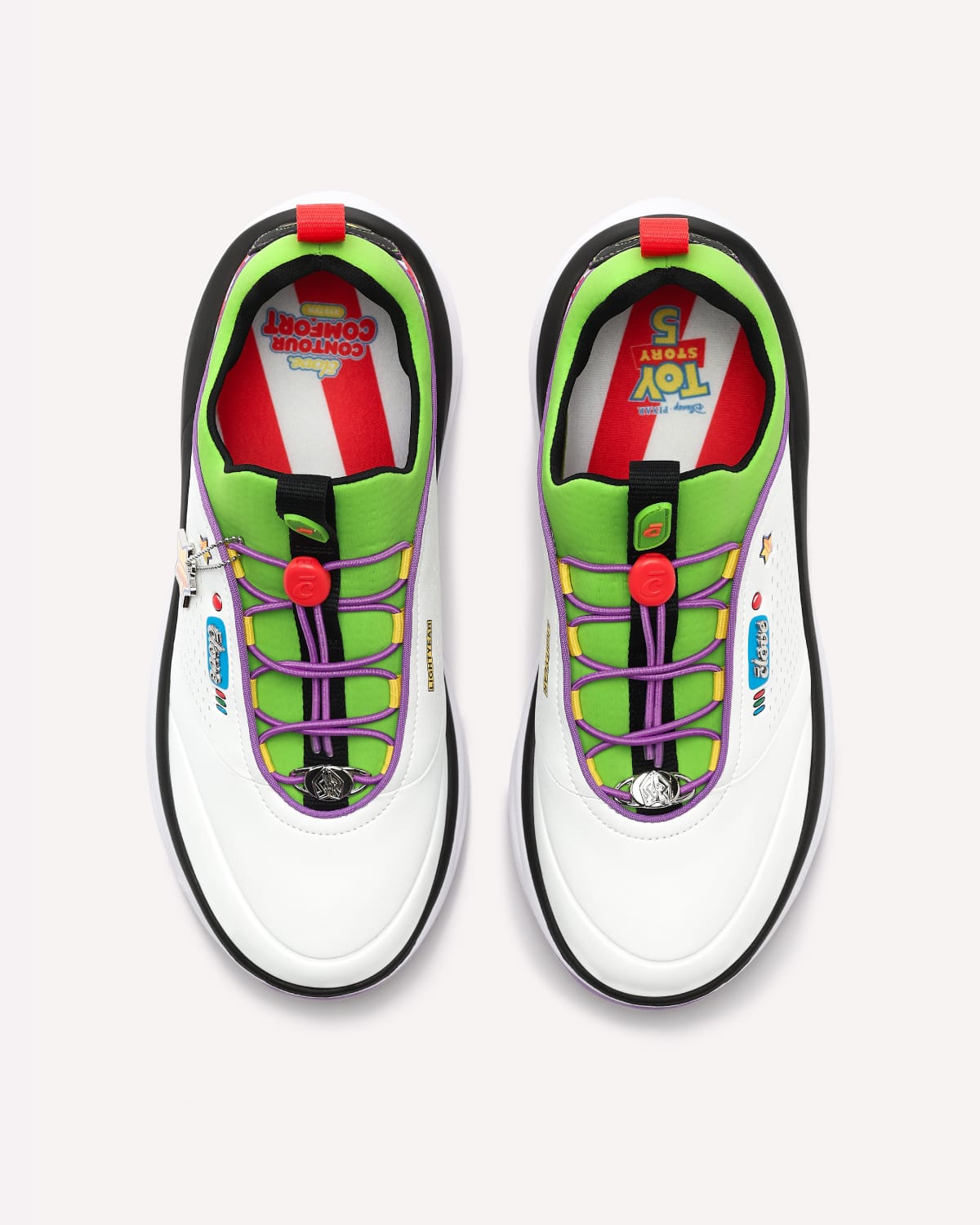 Colorful sneakers with character designs on a white background