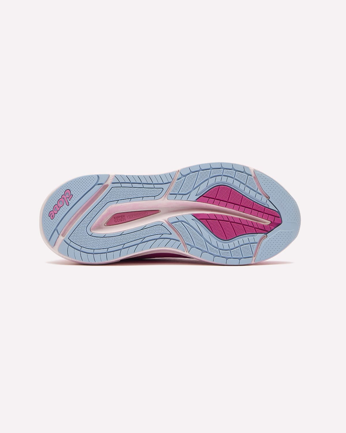 The outsole of a running shoe shown from a top-down view, featuring a light blue and white base with a prominent pink accent in the center and pink branding on the heel.