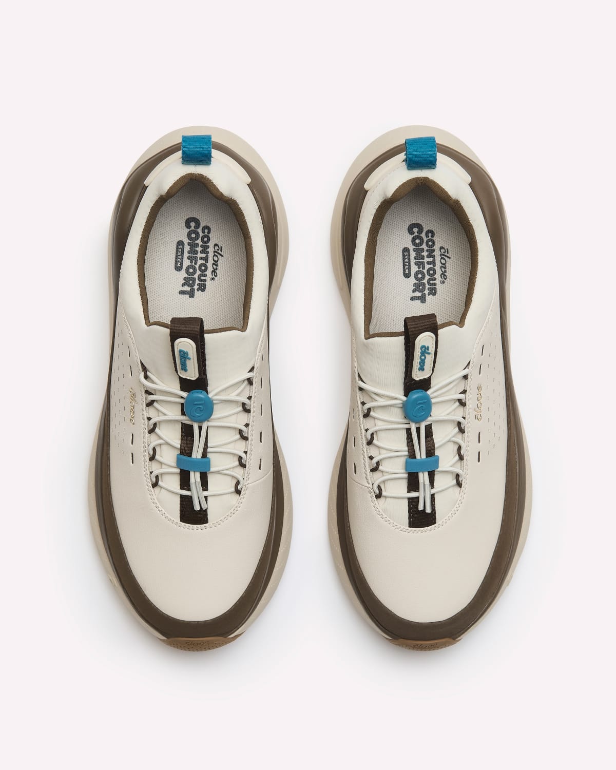 A pair of low-top sneakers shown from a top-down view on a light gray background. The shoes feature an off-white upper with dark brown trim, white laces, and bright blue accents on the laces and heel pull tabs.