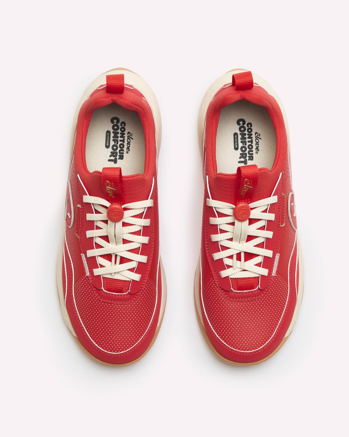 A pair of red mesh sneakers with white laces and white stitching, shown from a top-down view on a light gray background.