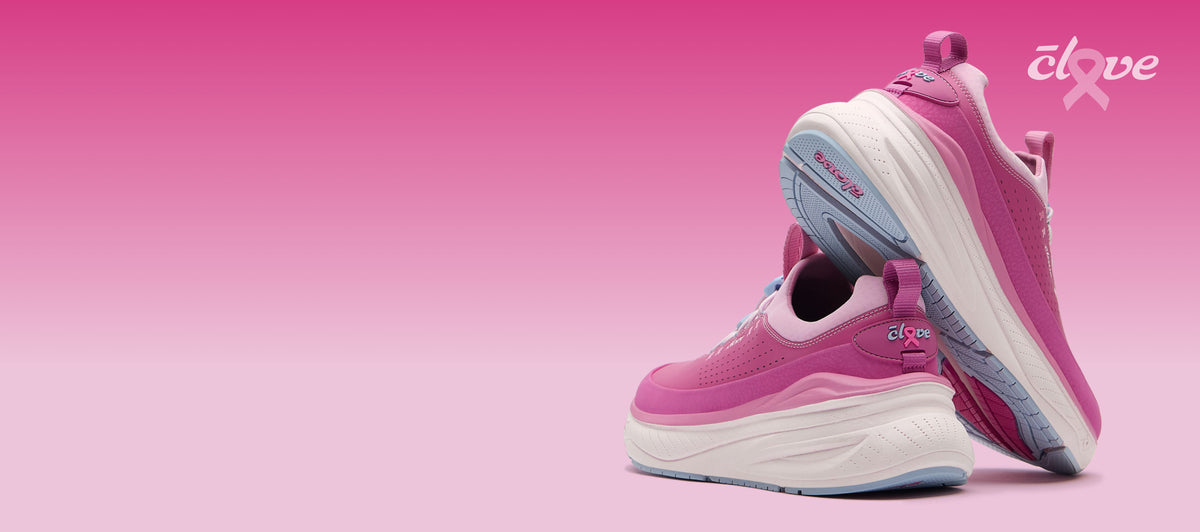 A pair of pink and white athletic sneakers with light blue accents, shown from a three-quarters angle on a pink gradient background. The brand logo 'Clove' is visible in the top right corner.