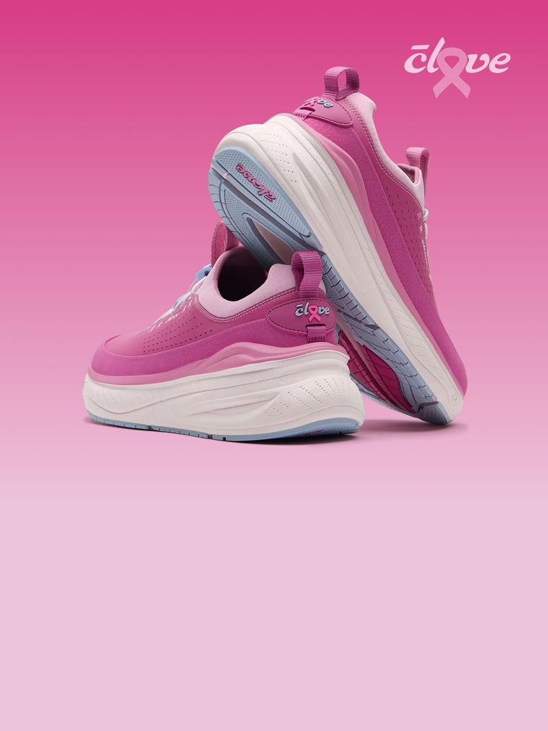 A pair of pink and white sneakers with light blue accents, displayed on a pink gradient background with a 'clove' brand logo in the top right corner.