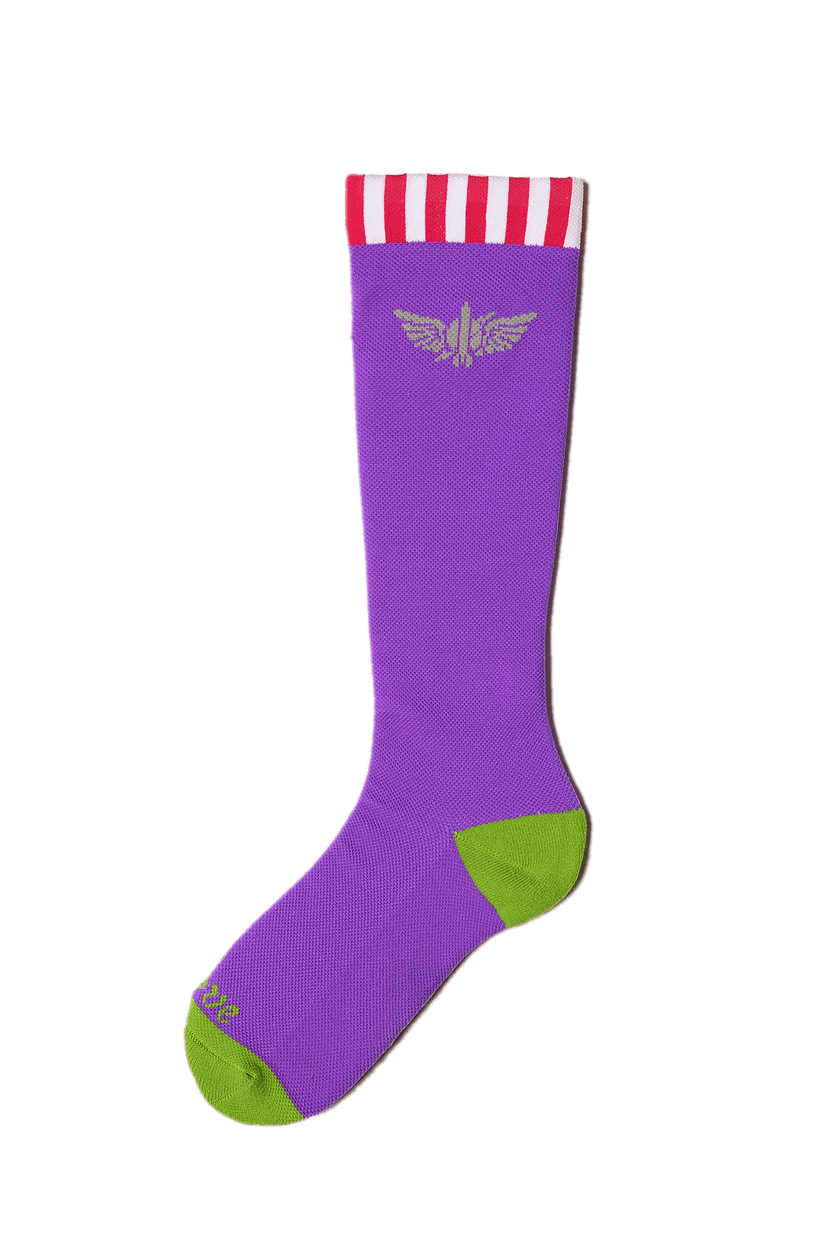 Purple knee-high sock with green toes and red and white striped top on a transparent background