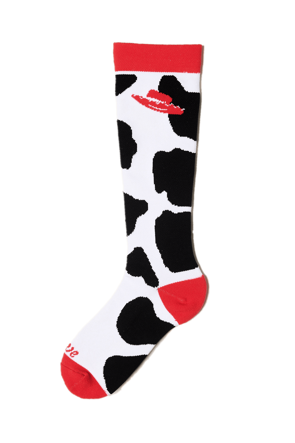 Knee-high sock with cow print pattern on a transparent background