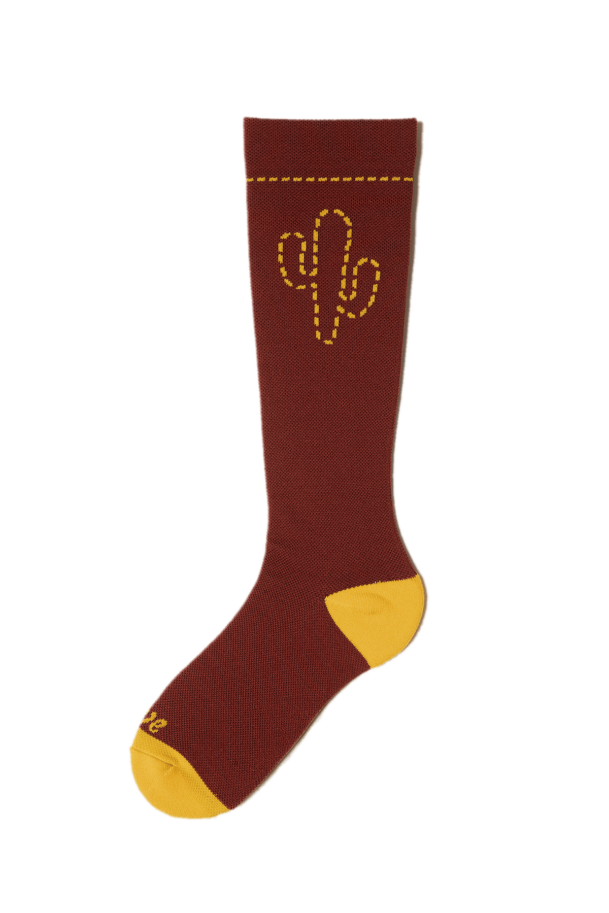 Maroon sock with yellow cactus design on a white background