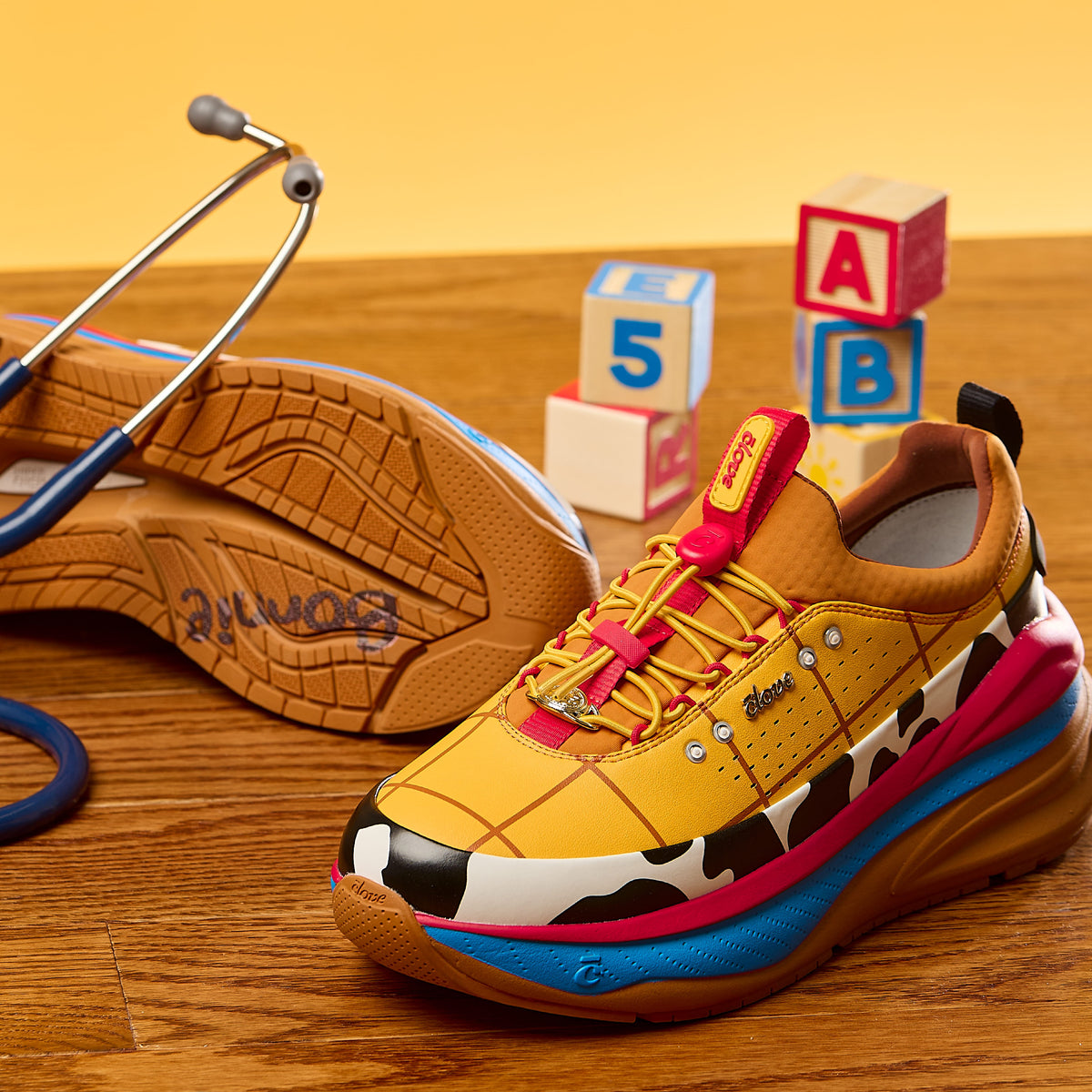 Colorful sneaker with unique design elements on a wooden surface