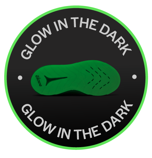 Green shoe silhouette with 'Glow in the Dark' text on a black background