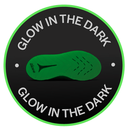 Green shoe silhouette with 'Glow in the Dark' text on a black background