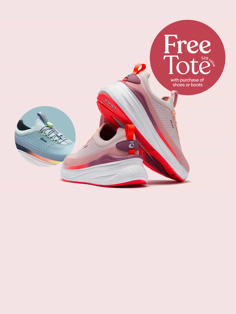 A pair of athletic sneakers in pink, white, and red-orange, shown on a pale pink background with a circular inset of a light blue shoe and a red 'Free Tote' offer badge.