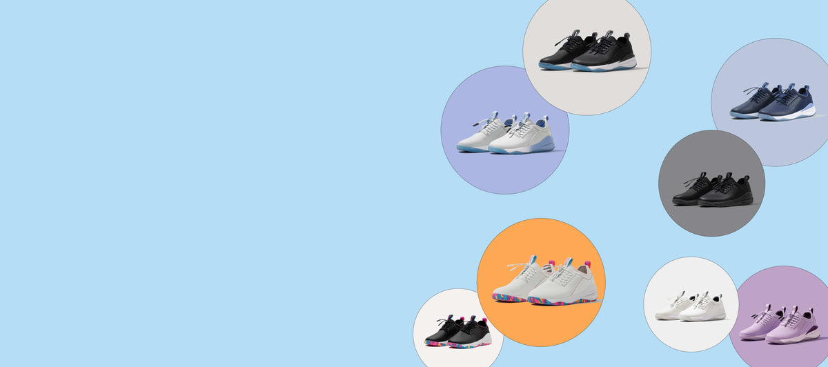 A collage of multiple pairs of sneakers arranged in circular frames on a light blue background. The shoes include black, white, gray, and purple colorways, with some featuring small pink accents.