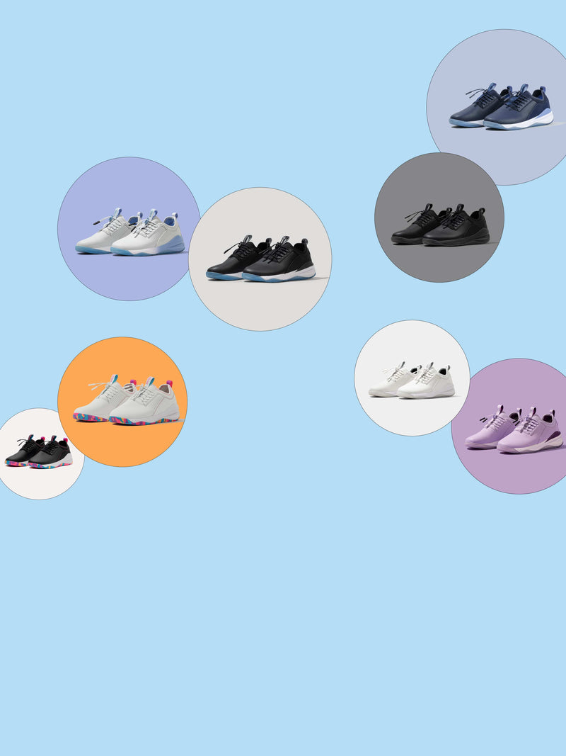 A collage of multiple pairs of sneakers arranged in circular frames on a light blue background. The shoes shown include white, black, gray, navy, orange, pink, and lavender colorways.