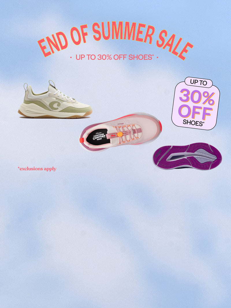 Promotional summer sale graphic with three pairs of sneakers shown against a soft blue sky background, plus sale text reading 'END OF SUMMER SALE' and 'UP TO 30% OFF SHOES'.
