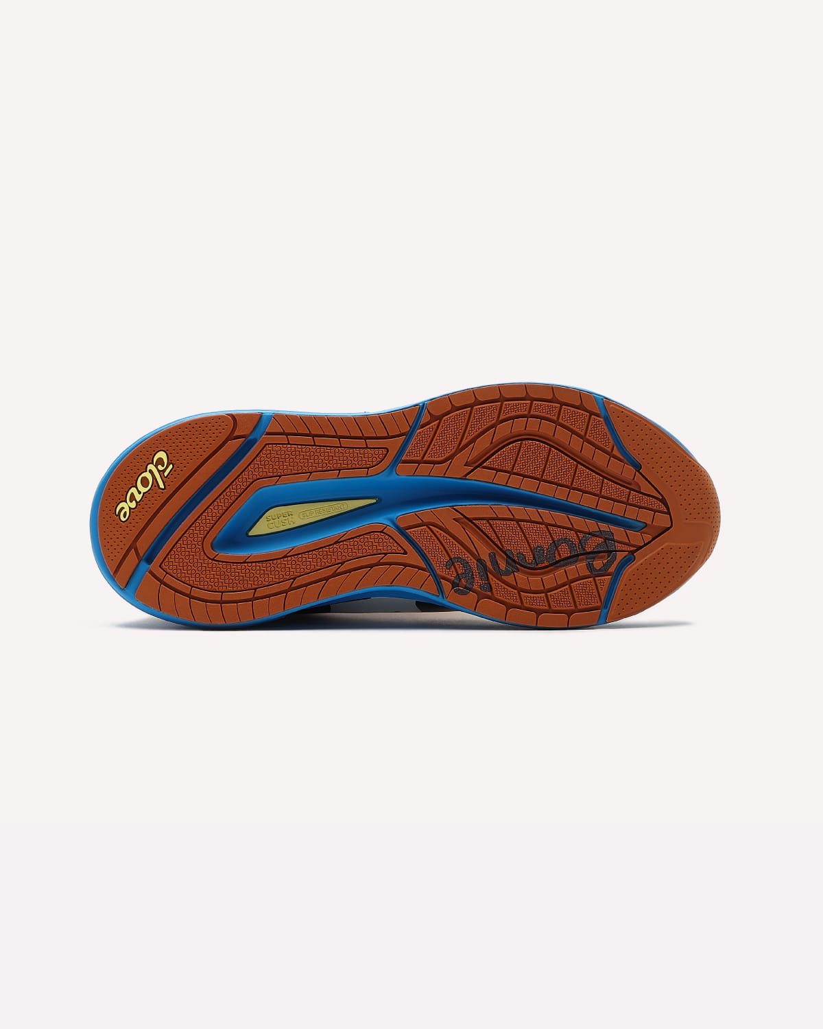 Brown athletic shoe sole with blue accents on a white background