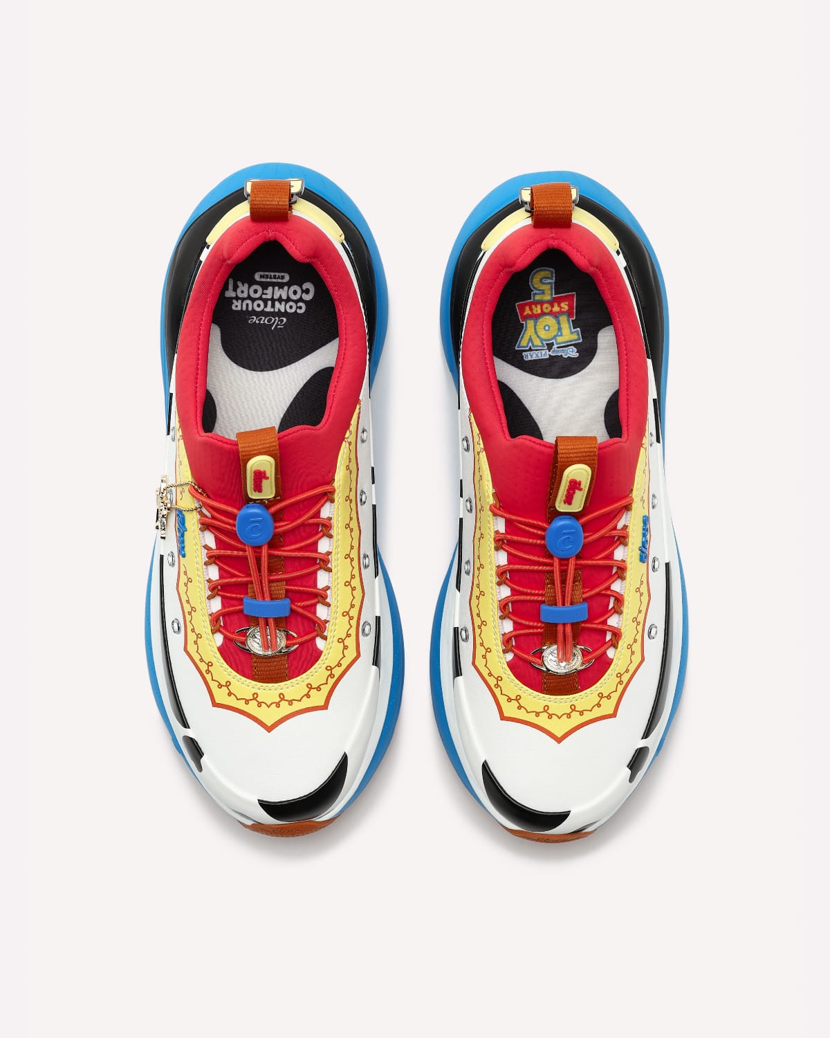 Pair of colorful sneakers with red, blue, and yellow accents on a white background
