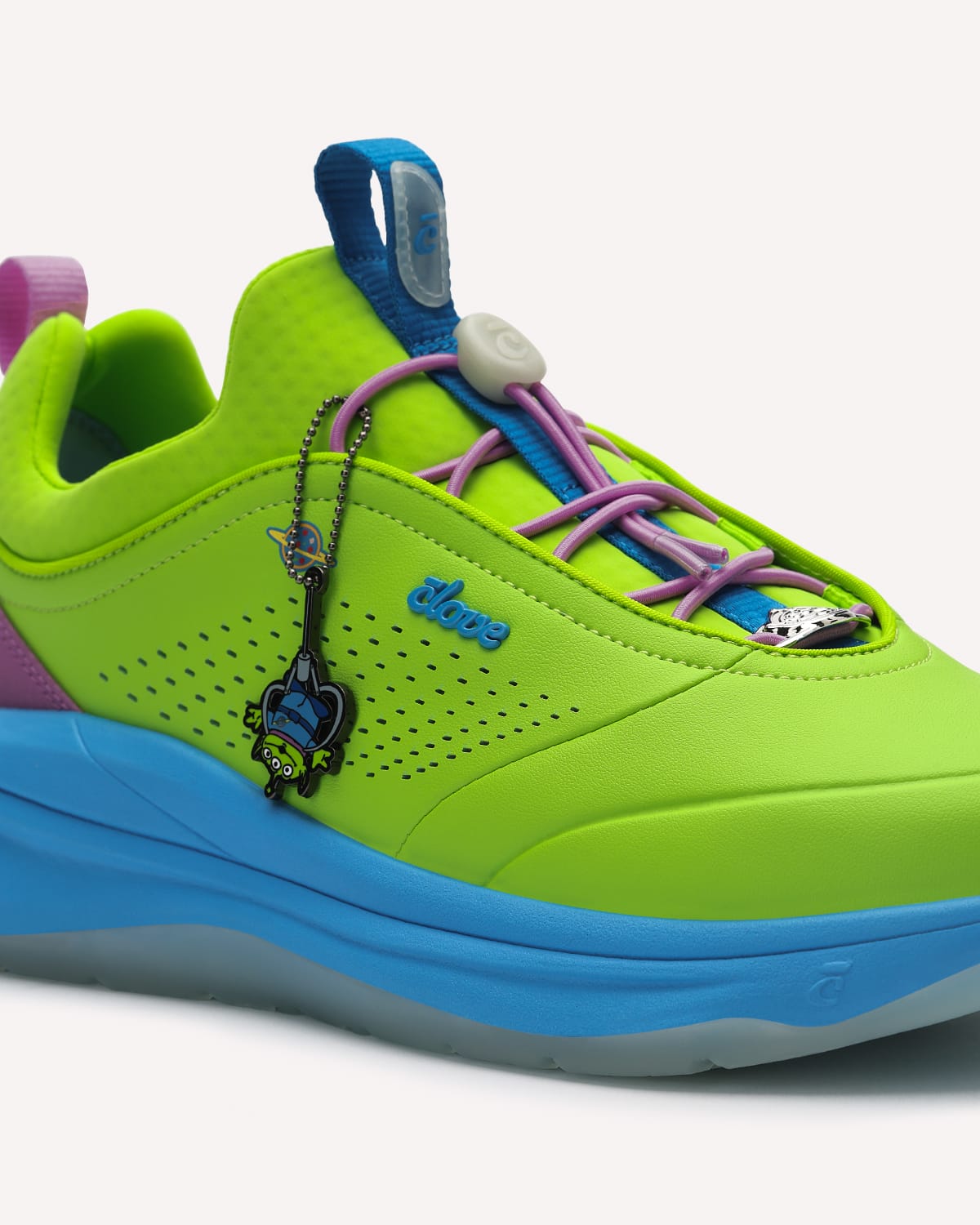 Colorful sneaker with a blue bottom on a white background