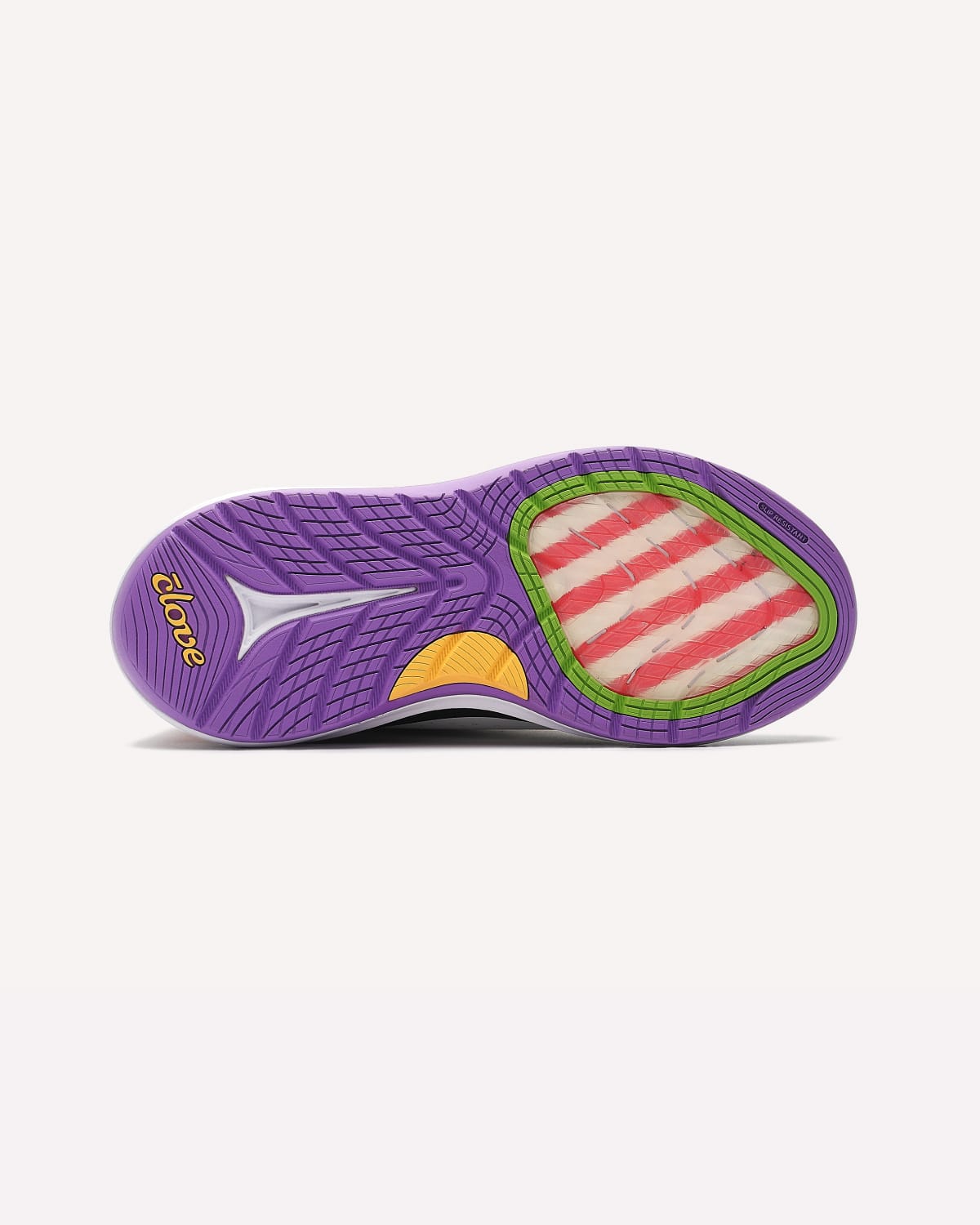 Purple shoe sole with colorful design on a white background