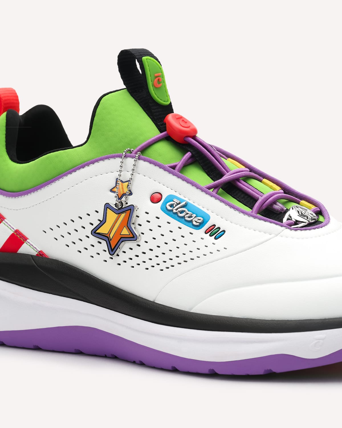 Colorful sneaker with unique design elements on a white background