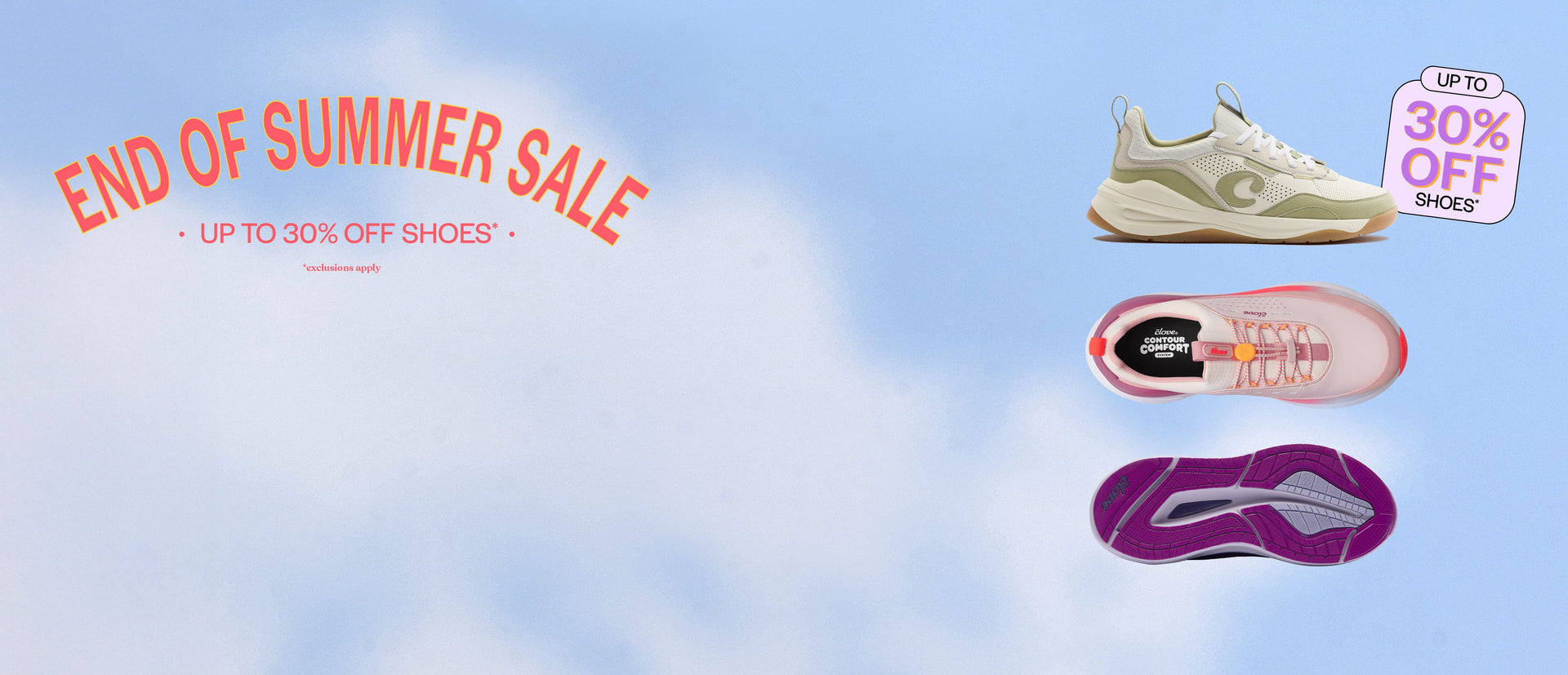 Promotional graphic for a shoe sale with the text 'END OF SUMMER SALE' and 'UP TO 30% OFF SHOES' on a light blue cloudy background. Three shoe views are shown on the right: a beige and white sneaker from above, a side profile in pink and white, and a purple and gray sole view.