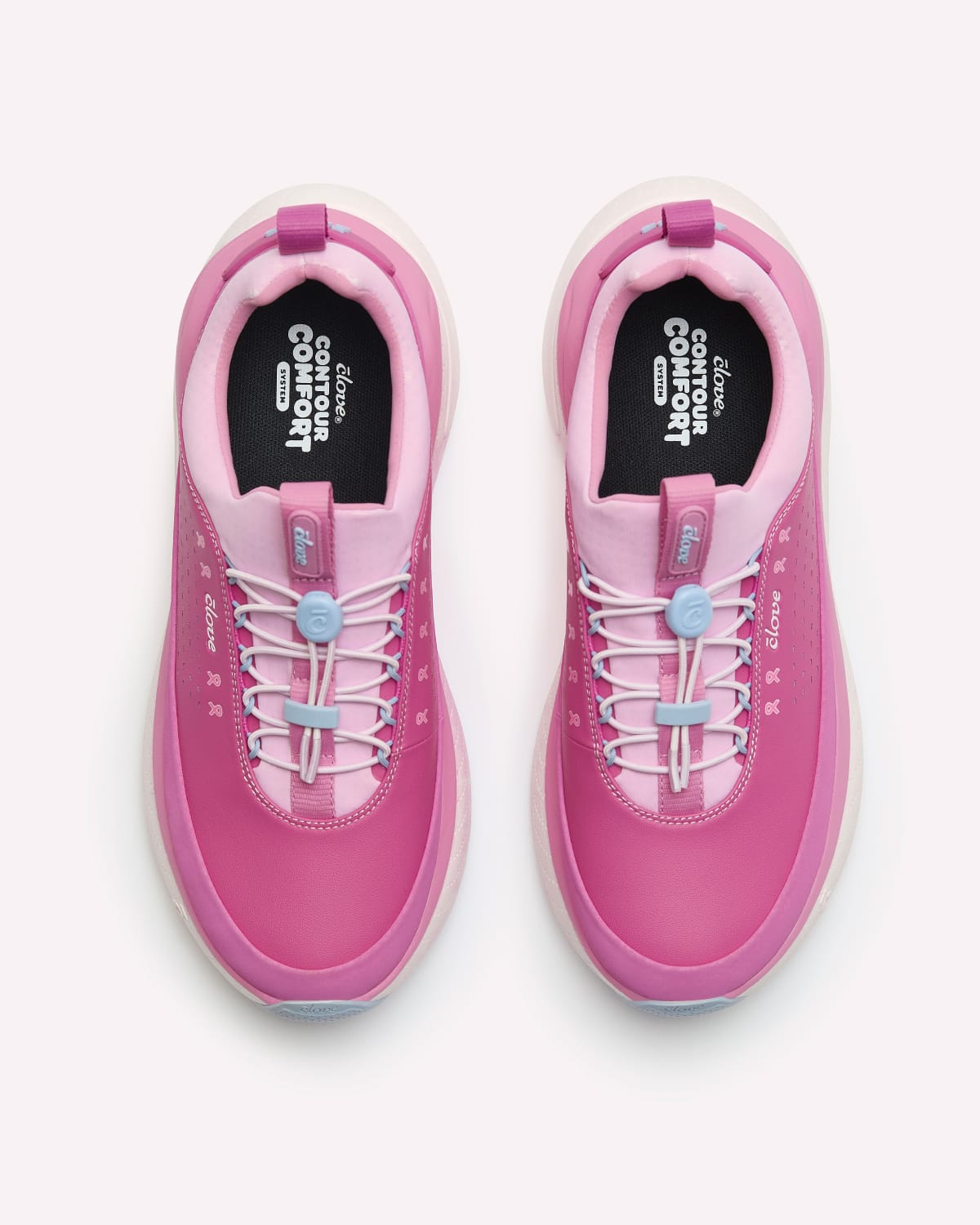 A pair of pink sneakers shown from a top-down view on a light gray background. The shoes feature a glossy pink upper, light blue laces, and a black bottom with the brand name 'Clove: Contour Comfort' visible.