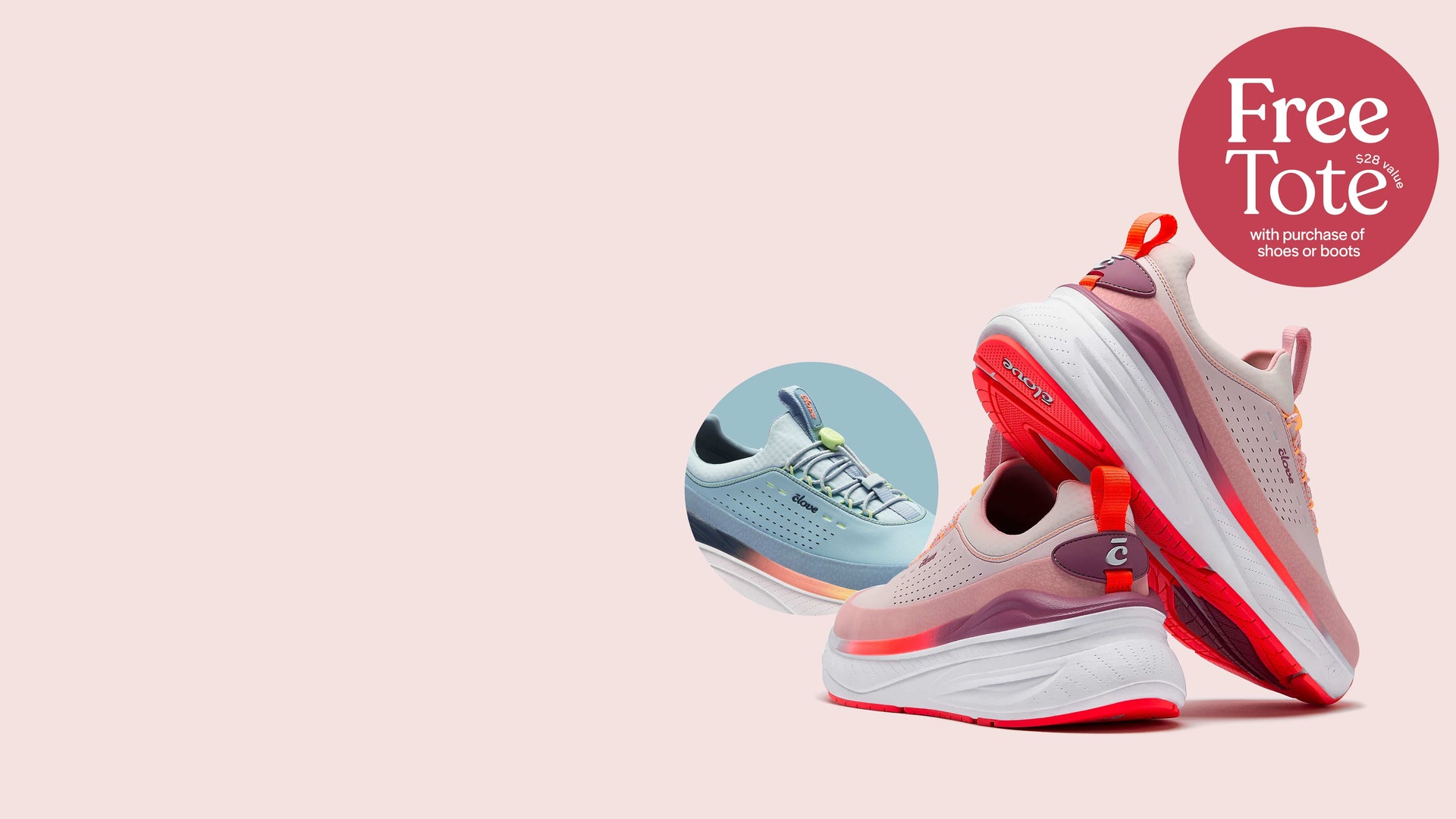 A pair of athletic sneakers in pink, white, and red, shown on a pale pink background with a circular inset of a light blue sneaker and a red 'Free Tote' badge in the top right.